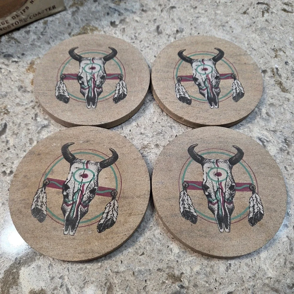 Vintage Thirstystone‎ Natural Sandstone Coasters 4 Steer Skull Western Decor USA